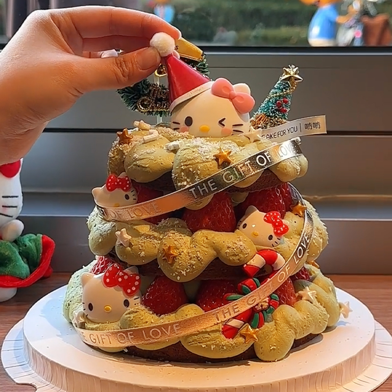 网红圣诞节草莓许愿树蛋糕装饰卡通kt猫五角星蜡烛烘焙装扮插件
