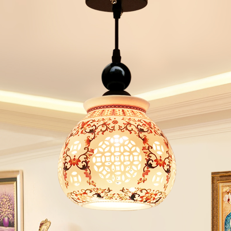 现代中式阳台过道灯吊陶瓷单头简约玄关走廊灯仿古楼道门厅LED灯