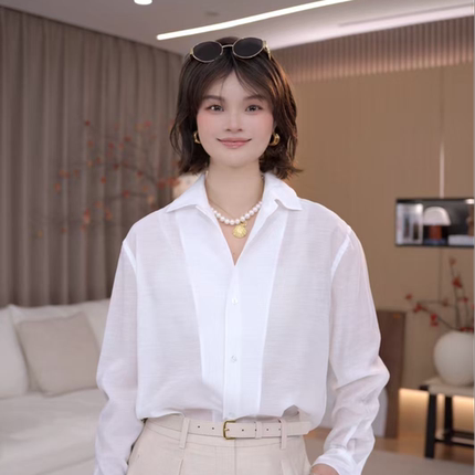 老马Malinlin 月白轻奢亚麻混纺透气衬衫 松弛感翻领长袖衬衣