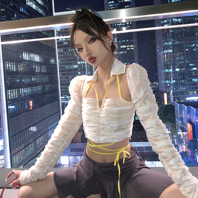 长袖亮丝上衣衬衫双层抽皱露背
