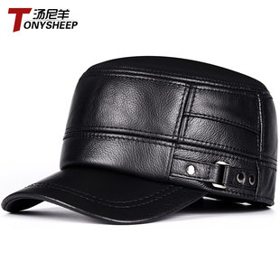秋冬季真皮平顶帽男士中老年人保暖护耳棉帽中年爸爸牛皮帽子冬天