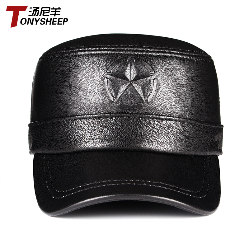 真皮五角星平顶鸭舌帽男士秋冬