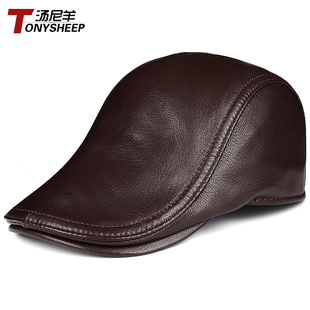 春秋款潮真皮贝雷帽薄款男士帽子羊皮帽前进帽体闲中年爸爸鸭舌帽