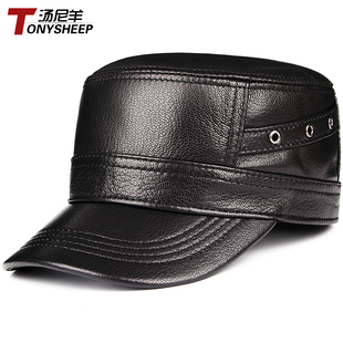 真皮帽子男士春秋户外平顶单帽中老年人羊皮鸭舌帽休闲老人老头帽