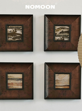 重工高级感样板房粗木皮实木宽框中古风装饰画小众法式老钱风挂画