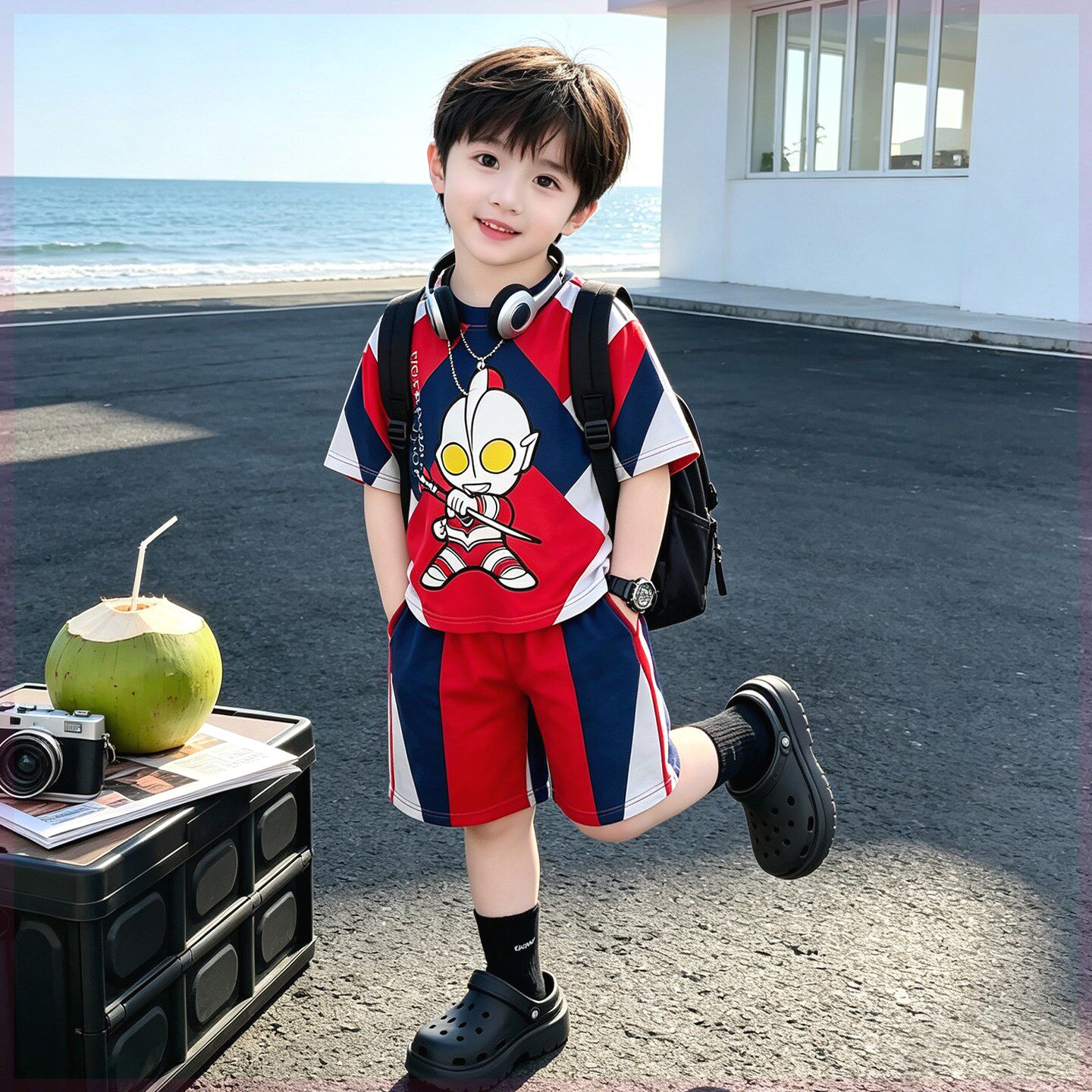 奥特曼衣服男童套装2026新款迷彩短袖特种兵风格幼儿园表演服纯棉