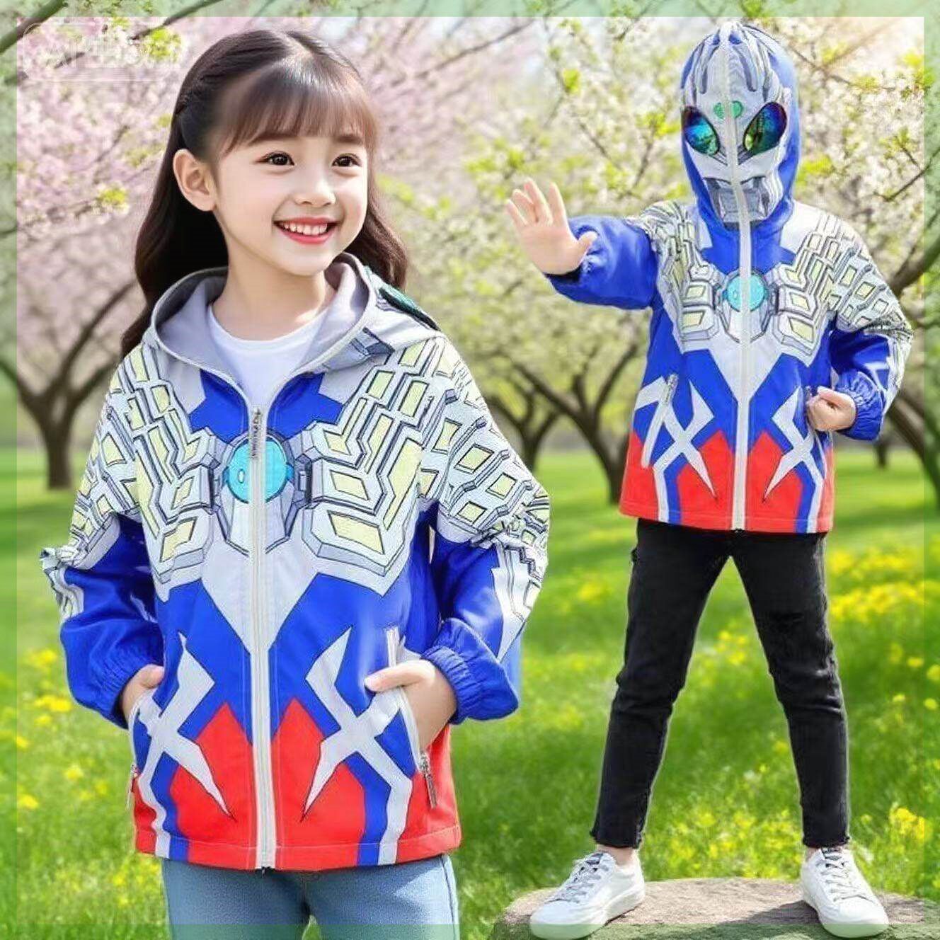 春天连帽亮灯女童网红外套春秋款赛罗迪迦男童冲锋衣2026正版加绒