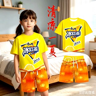。冰红茶衣服短袖儿童抽象夏情侣T恤大胆龙图搞笑睡衣龙袍搞怪套