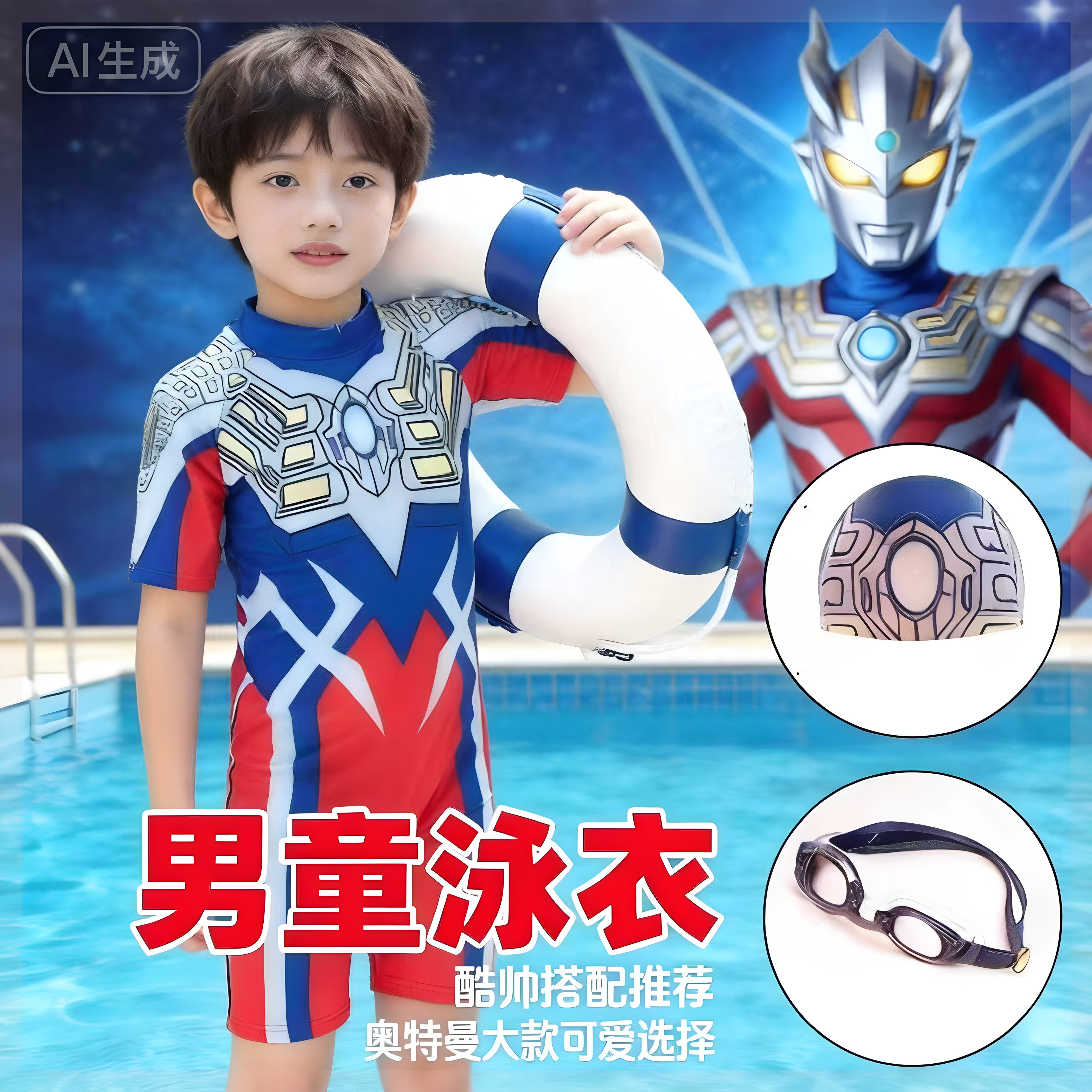 2026新款男童赛罗奥T曼泳衣连体速干中大童泳衣欧布泳装防磨护臀