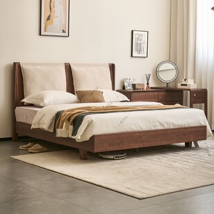 中古风胡桃木全实木主卧1.8米复古风棉麻软包床1.5宋氏美学双人床