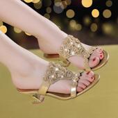 2024水钻凉拖鞋 水晶 外穿粗跟镶钻凉鞋 女夏季 中跟蝴蝶花朵真皮时尚