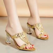 女2024年新款 夏季 百搭中跟高跟水晶时尚 水钻凉鞋 外穿拖鞋 粗跟镶钻