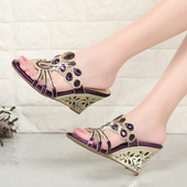 水钻高跟凉拖女鞋 真皮镶钻坡跟凉鞋 2024新款 春夏女士水晶花朵拖鞋