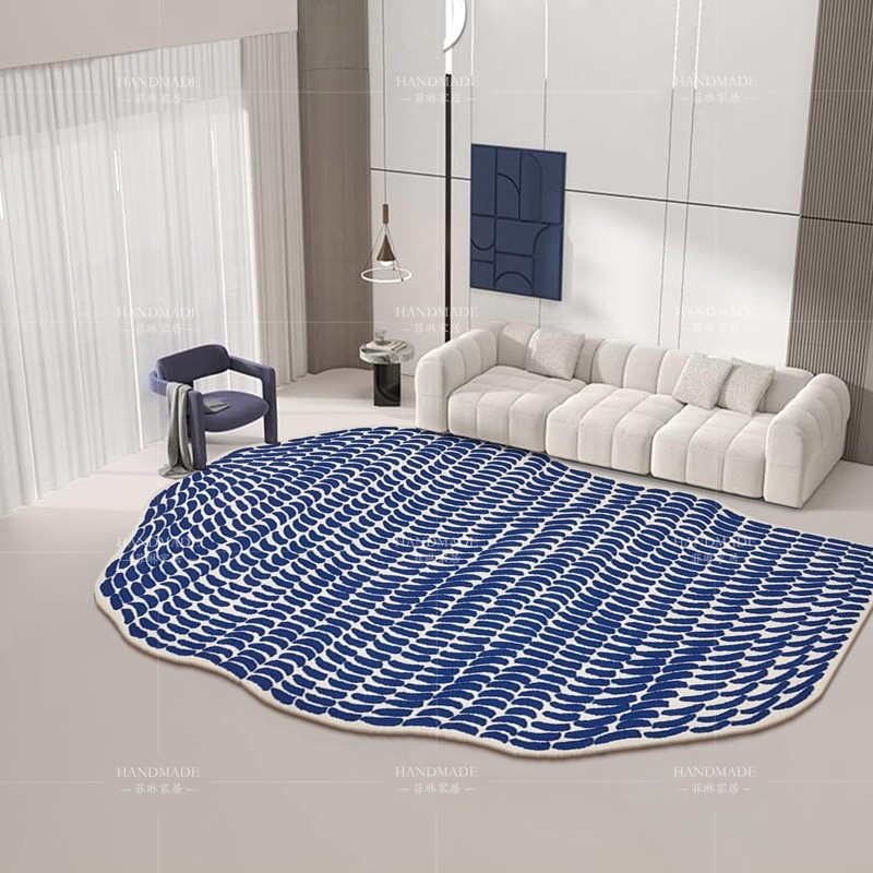 异形不规则客厅地毯蓝色手工腈纶卧室床边毯轻奢高级法式中古定制