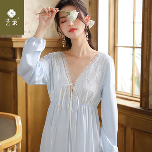 艺录长袖睡裙女春季宫廷风性感露背蕾丝睡衣宽松V领可外穿家居服