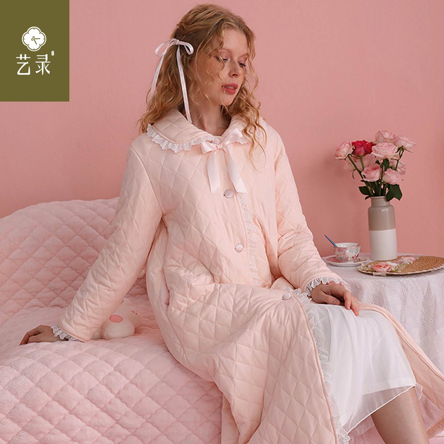 艺录复古宫廷加绒加厚三层夹棉长款睡袍棉袄蝴蝶结翻领保暖家居服