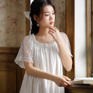 睡裙女夏棉宫廷风甜美网纱绣花宽松大码 艺录短袖 睡衣透气可外穿