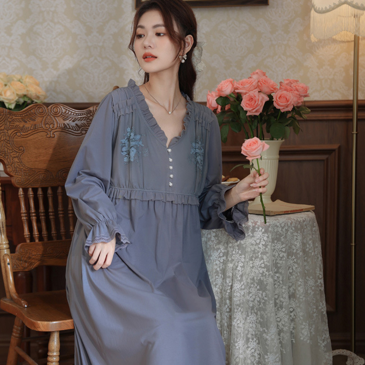 艺录法式长袖纯棉睡裙家居服