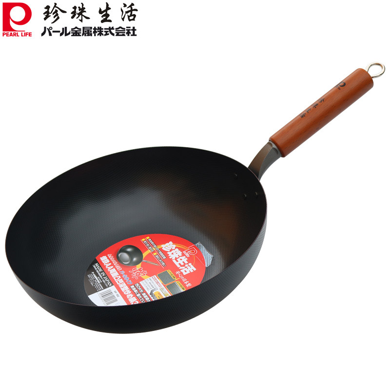 珍珠生活日本进口双面凹凸防粘铁锅30cm无涂层炒锅GP-162加深