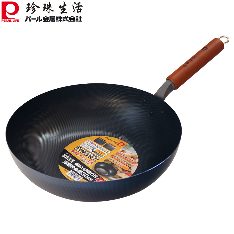 珍珠生活日本进口双面凹凸防粘铁锅30cm无涂层炒锅GP-163加深