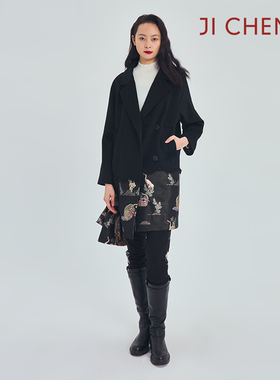 Ji Cheng吉承设计师原创冬新款羊毛大衣长款拼接连衣裙时尚显瘦