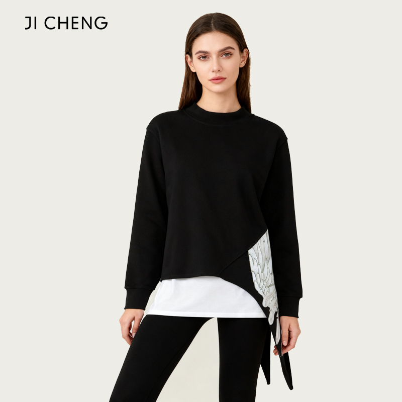 涂鸦翅膀开叉拼接短卫衣双色黑白