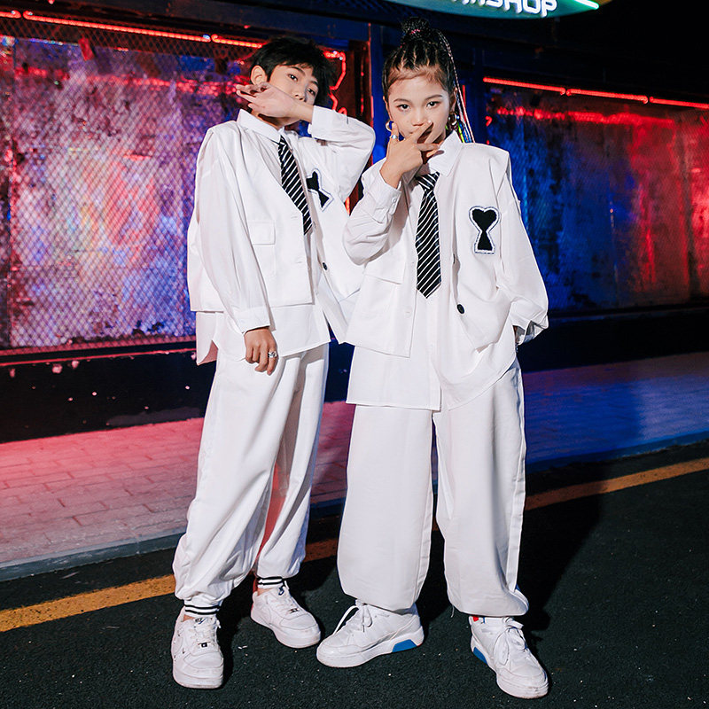 街舞儿童潮服男童嘻哈街舞演出服女童爵士舞服装潮酷白色衬衫套装