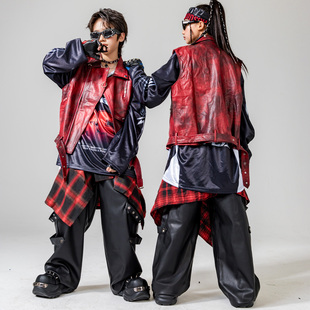 架子鼓演出服街舞儿童潮服男女童痞帅嘻哈舞台服红色皮衣马甲套装