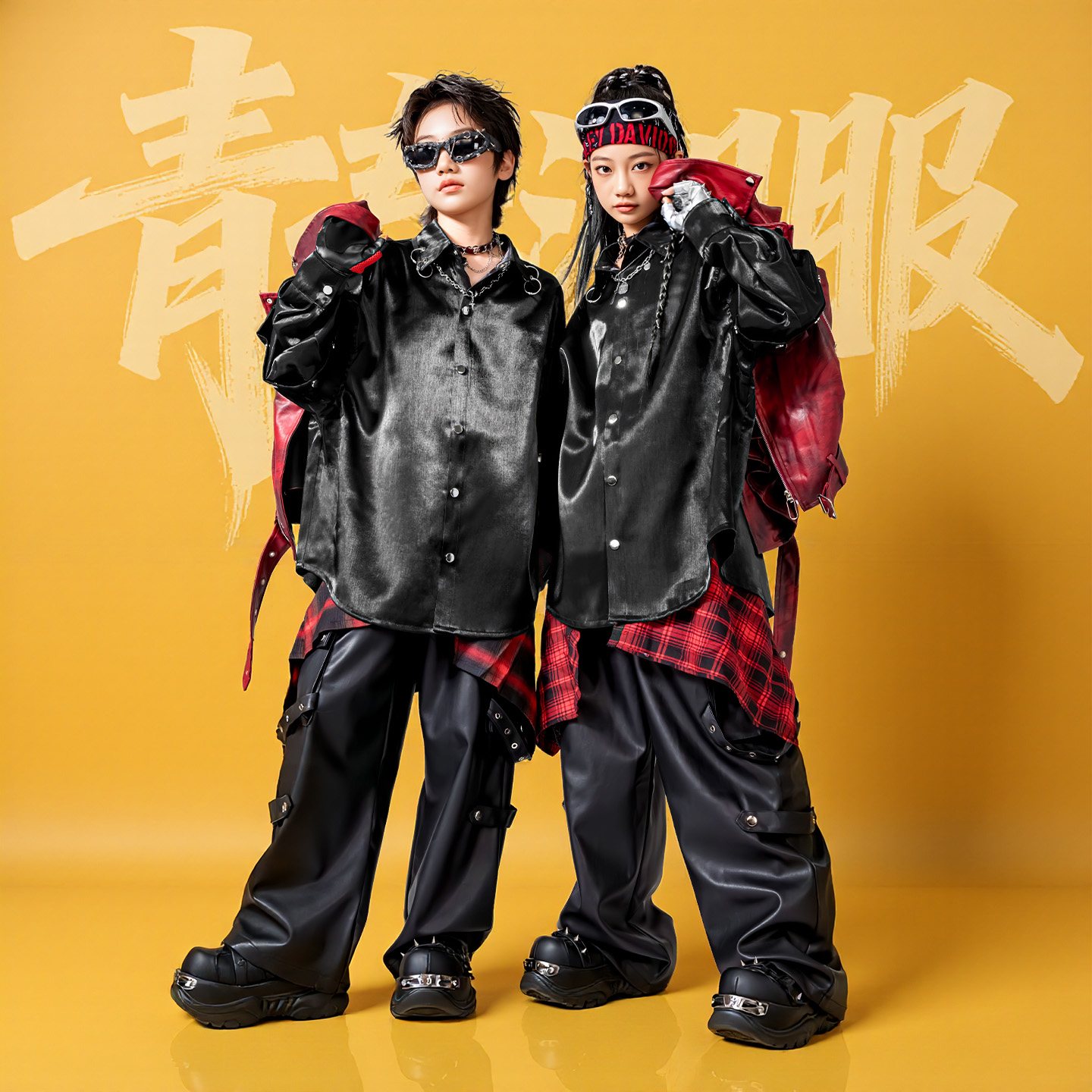 儿童街舞潮服嘻哈黑衬衫摇滚套装