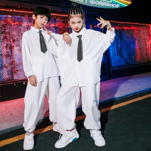 儿童白色衬衫 男童街舞嘻哈演出服女童爵士舞服走秀潮服 舞蹈服套装