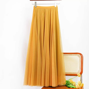 720度大摆舞蹈双层新款 纱裙 半身A字裙黄色演出大摆裙新疆舞中长款