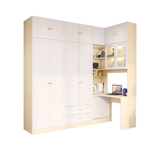 简约转角衣柜书桌一体组合儿童房书柜带电脑桌现代卧室书架储物柜