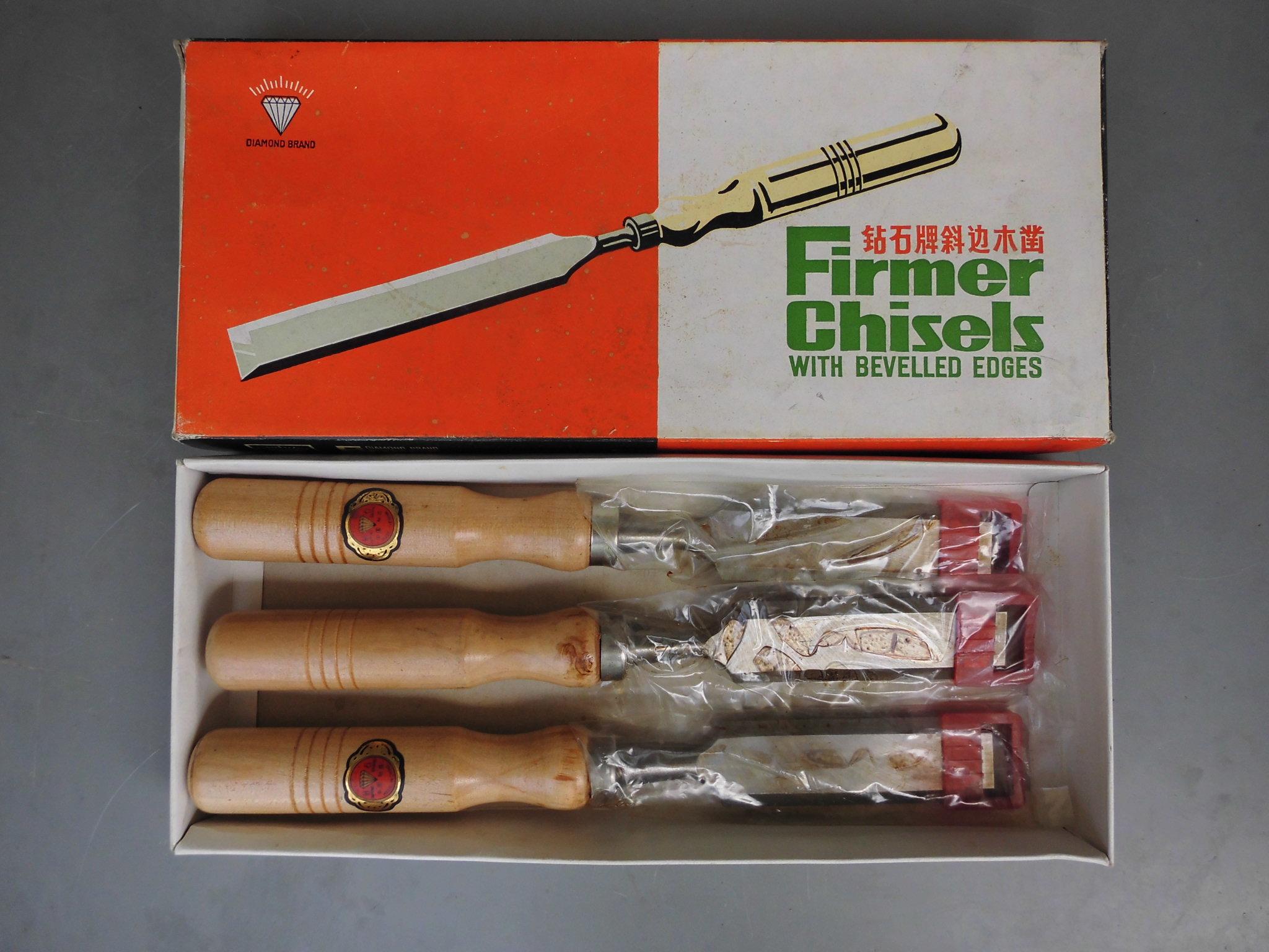 九十年代出口老货钻石牌扁铲木工凿32mm薄铲带柄斜边老凿子老扁铲