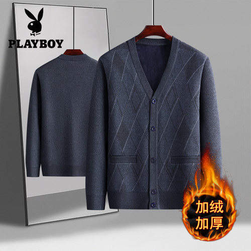 花花公子中老年人毛衣男开衫加绒加厚秋冬季爷爷保暖针织爸爸外套