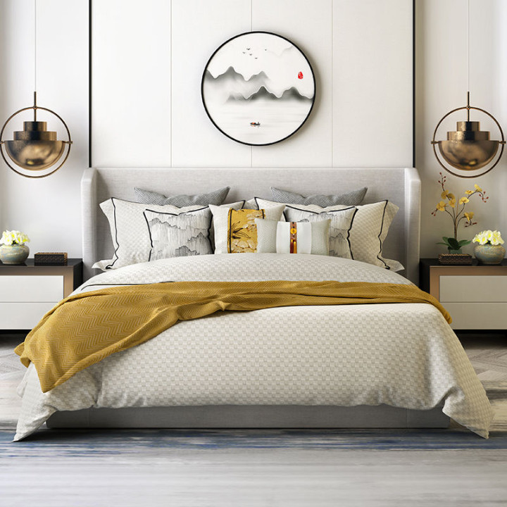 新中式样板间床品黄色系古典中国风轻奢别墅高端样板房床上用品