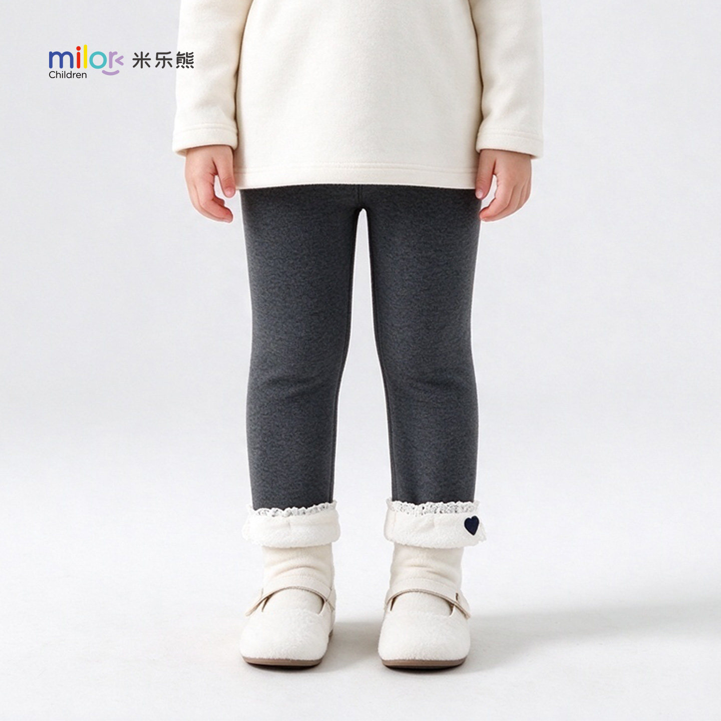 米乐熊女童加绒打底裤秋冬爱心花边裤脚宝宝加厚高弹保暖外穿长裤