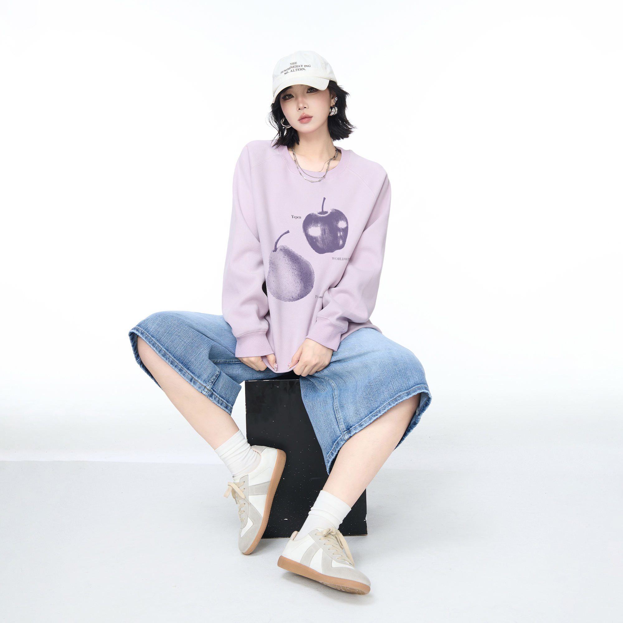 YEP春秋新款浅紫色苹果印花圆领卫衣女宽松外套美式街头套头上衣