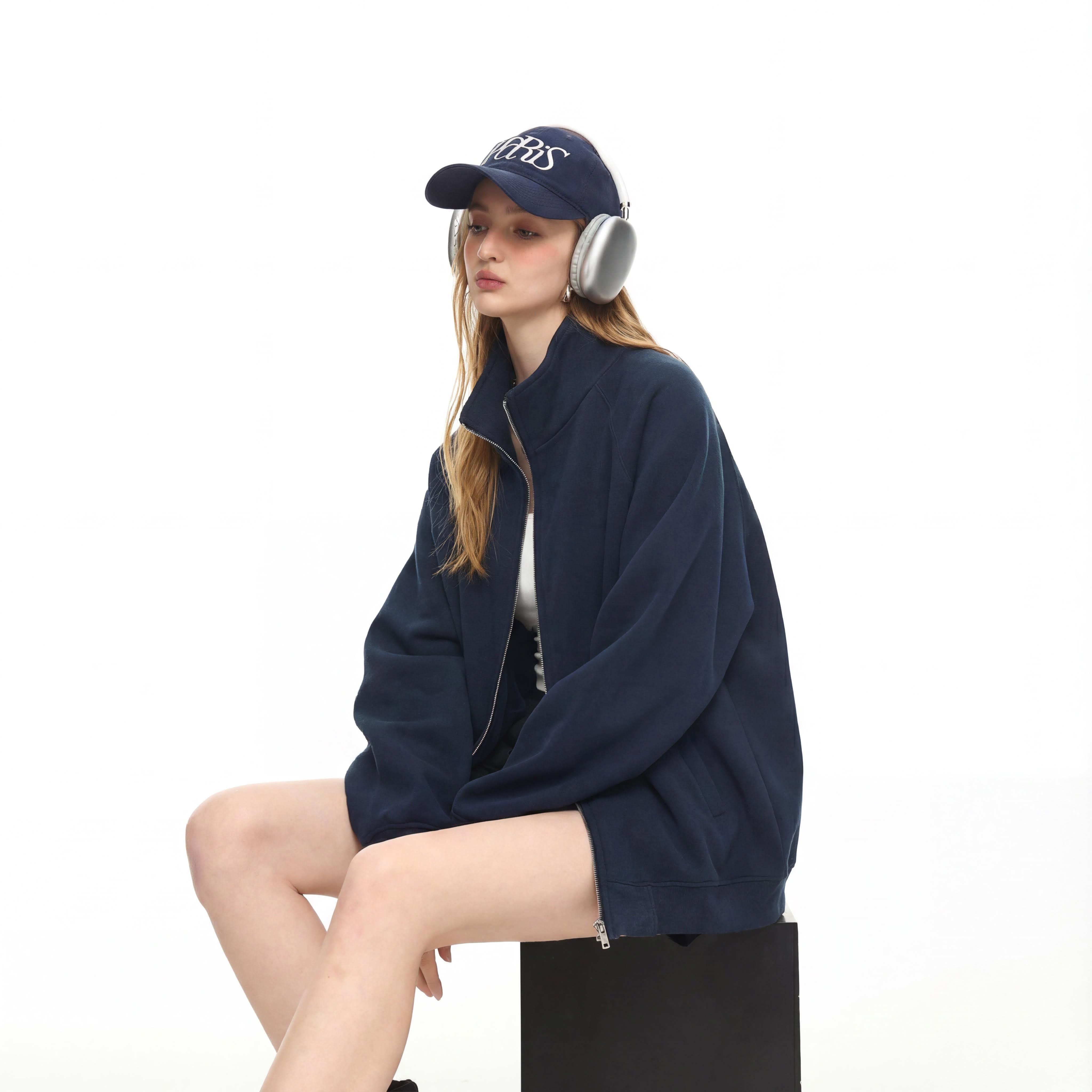 美式复古纯色拉链开衫立领卫衣女春秋新款运动休闲情侣款外套上衣