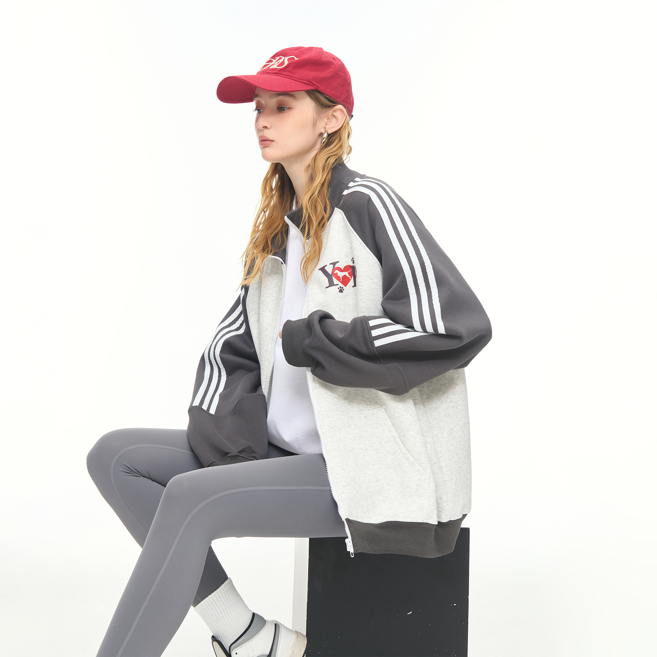 美式复古拼接拉链开衫立领卫衣女春秋新款运动休闲狗狗印花外套