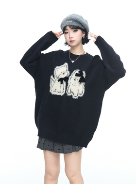 黑色圆领小狗毛衣女春秋新款宽松松弛慵懒风情侣款套头针织衫上衣