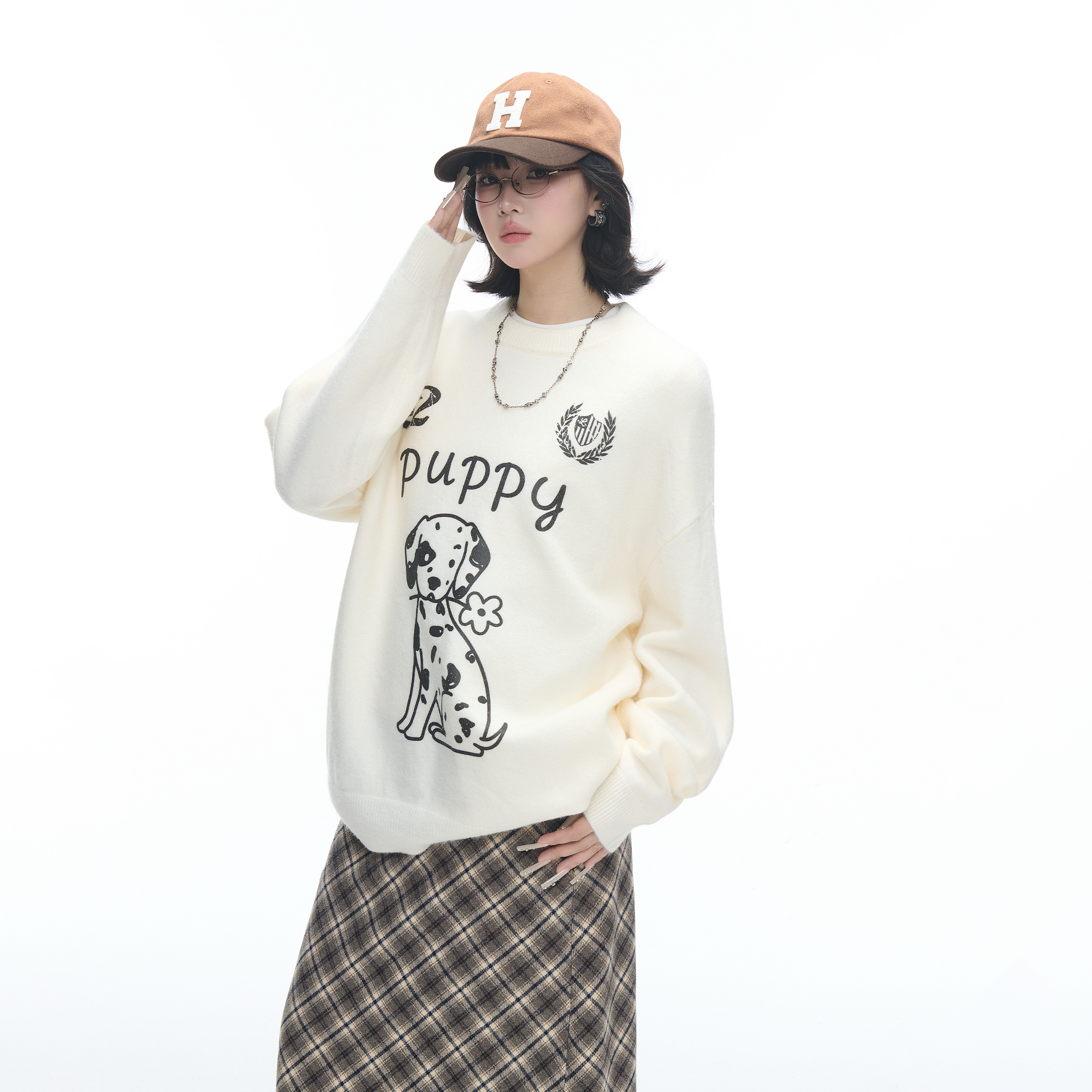 美式复古卡通斑点狗印花圆领毛衣女秋冬新款宽松情侣款套头针织衫