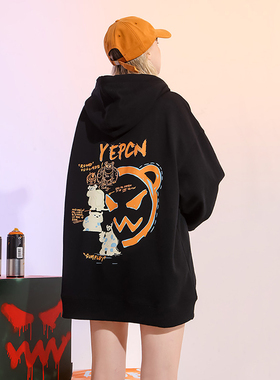 YEP黑色卫衣女春秋小众设计宽松日系古着少女vintage连帽外套国潮