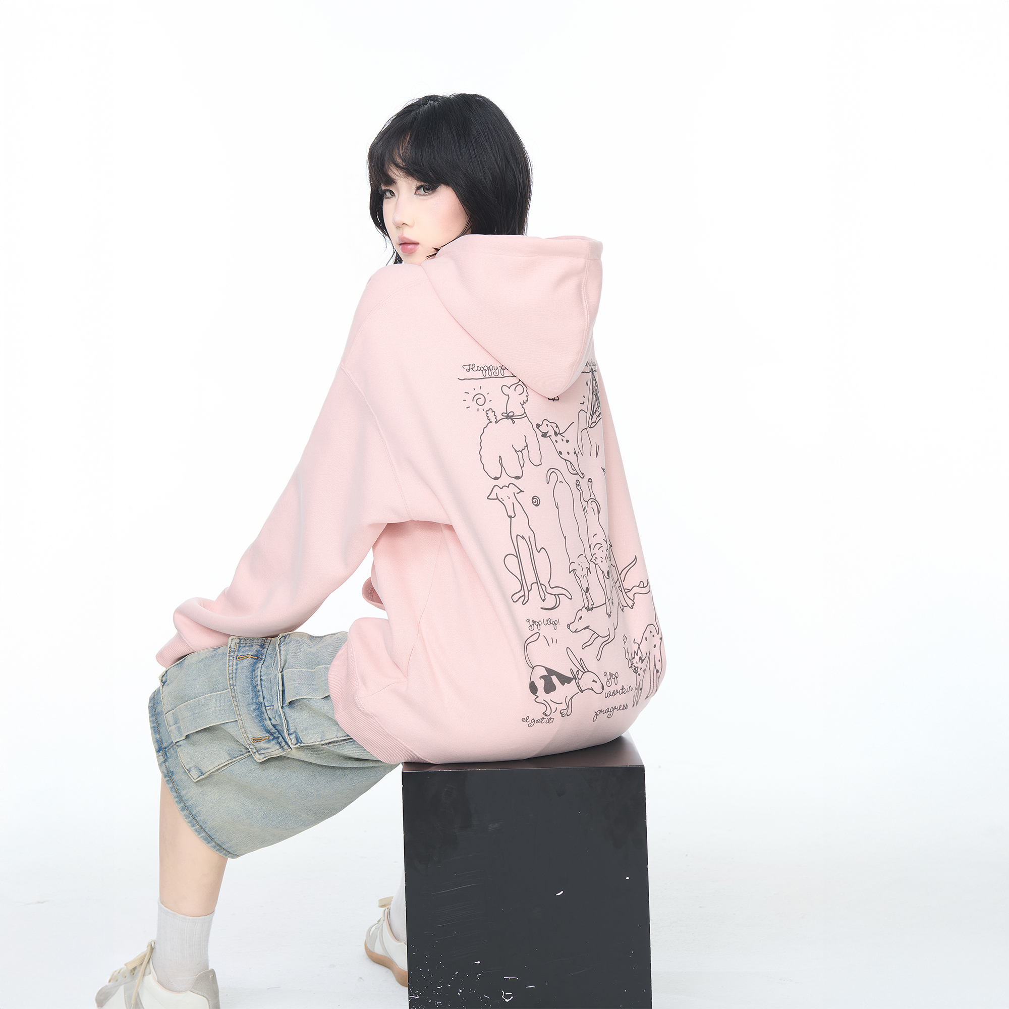 YEP粉色印花连帽卫衣外套女春秋2025新款oversize宽松套头上衣潮