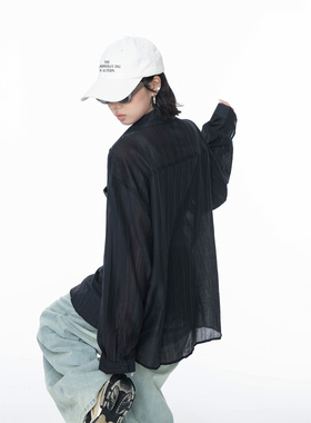 黑色天丝物理防晒长袖衬衫女夏季宽松微透慵懒风开衫衬衣情侣外套