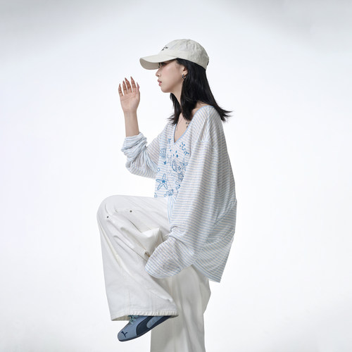 美式莱赛尔天丝印花长袖t恤女夏季新款复古V领凉感罩衫宽松上衣潮