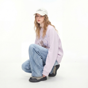 新款 卫衣女2026春季 宽松套头无帽上衣 复古卡通印花圆领插肩袖 美式