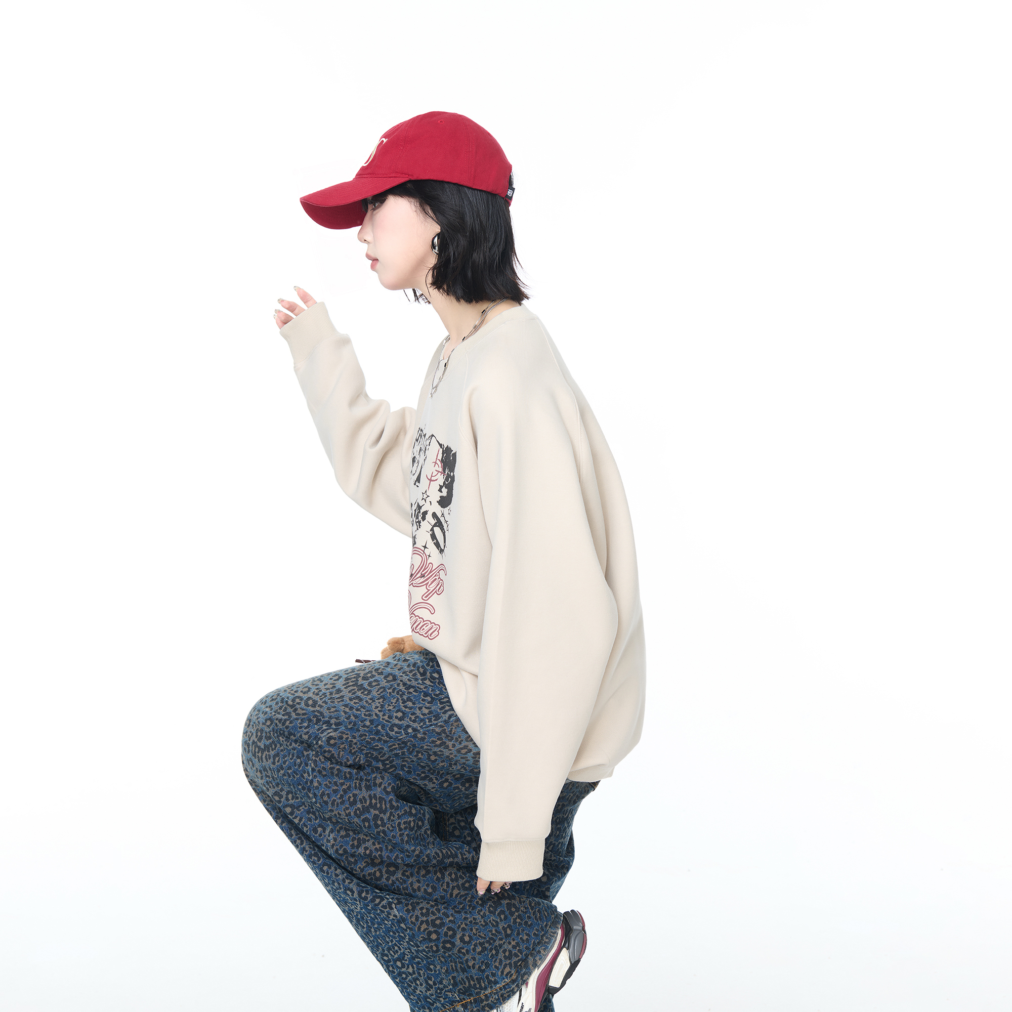 YEP美式圆领创意印花卫衣外套女春秋新款宽松休闲慵懒风套头上衣