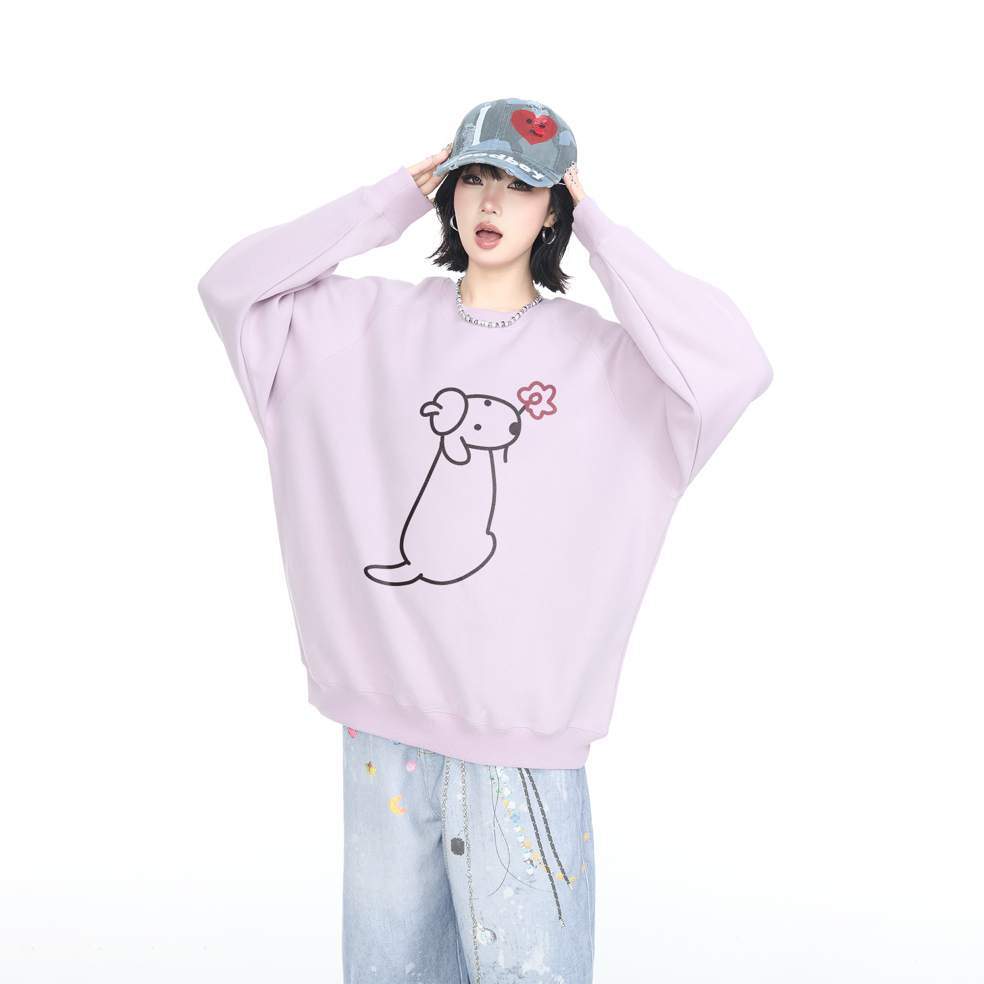 YEP春秋新款浅紫色卡通印花圆领卫衣女宽松外套美式街头套头上衣