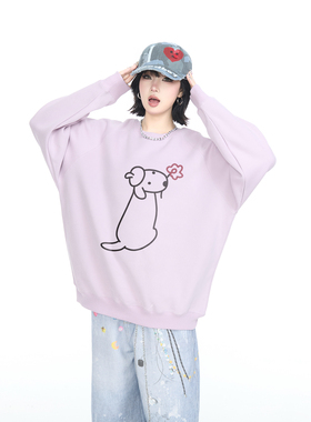 YEP春秋新款浅紫色卡通印花圆领卫衣女宽松外套美式街头套头上衣