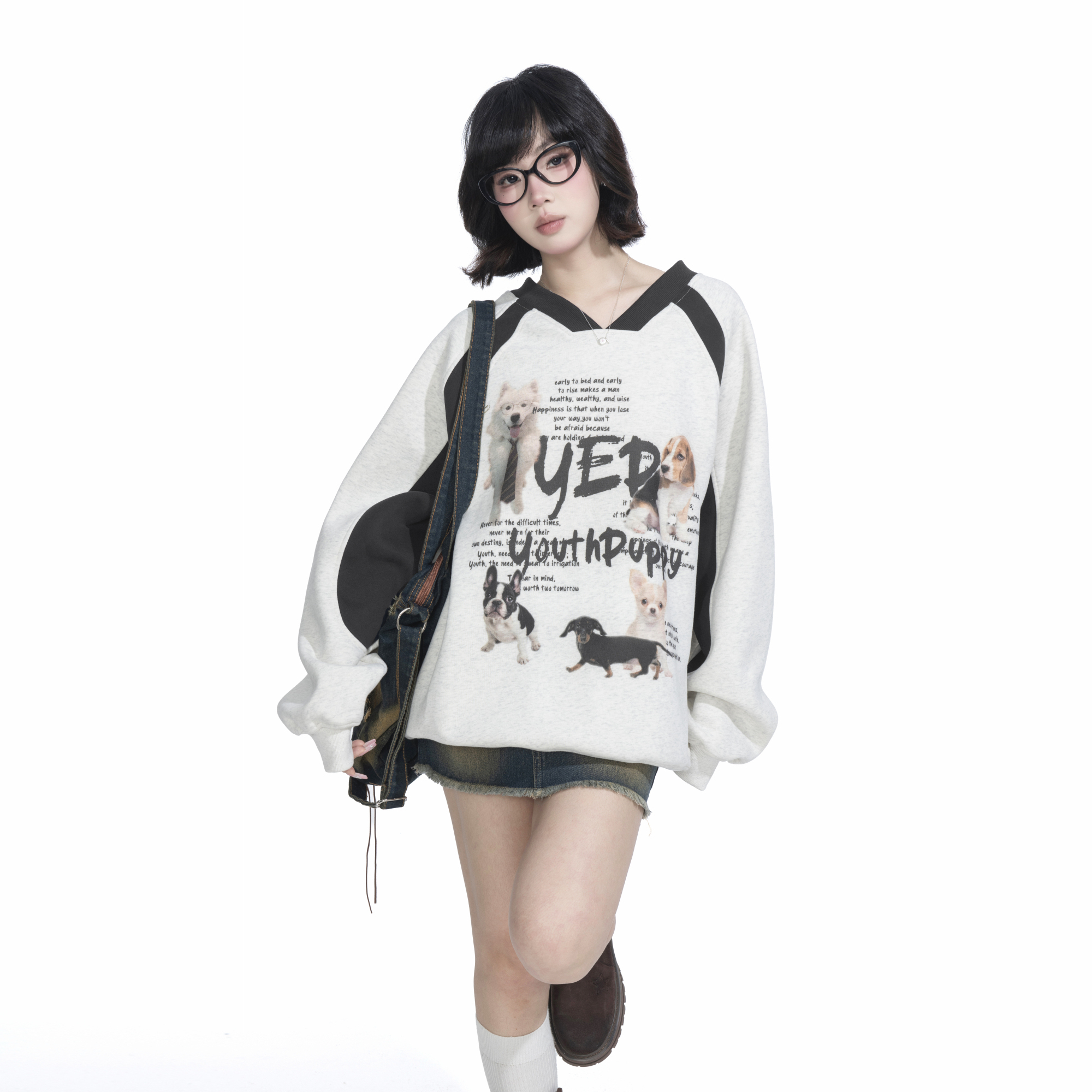 YEP美式复古拼接印花卫衣女春季2025新款小V领套头插肩袖无帽上衣